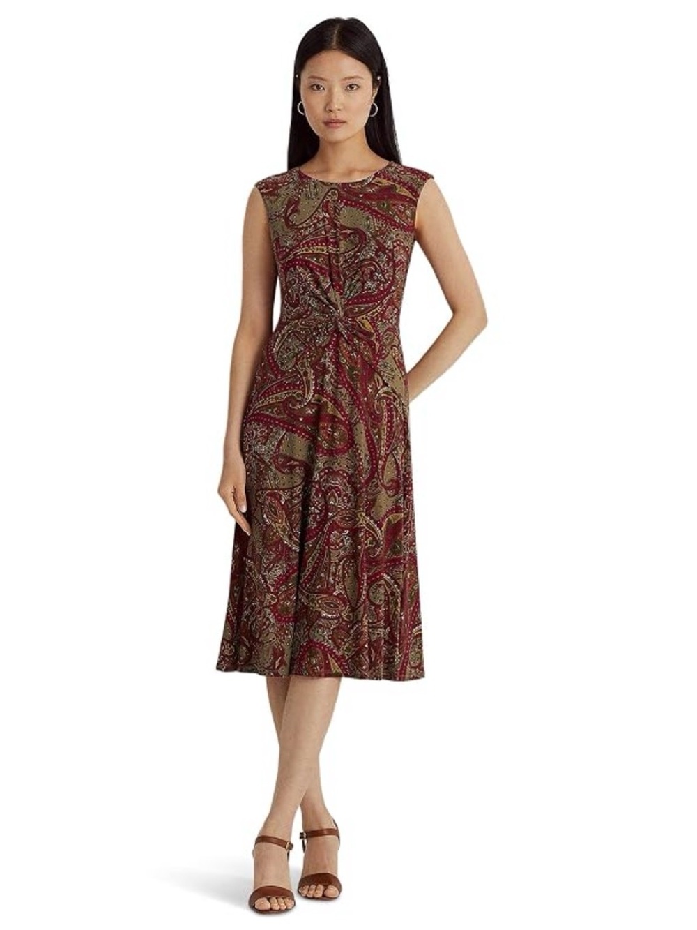 Lauren Ralph Lauren Paisley Twist-Front Jersey Dress Women's 10 Midi Taupe NWT